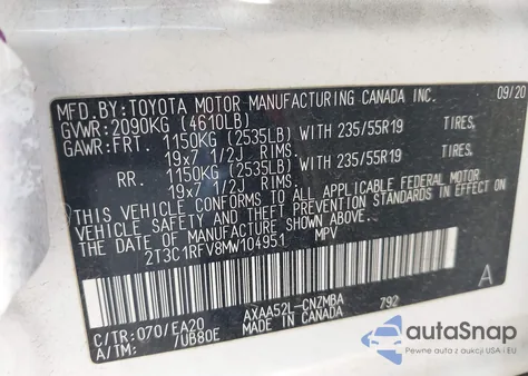 2021 Toyota Rav4 Xle Premium из США, поврежденный, VIN 2T3C1RFV8MW104951